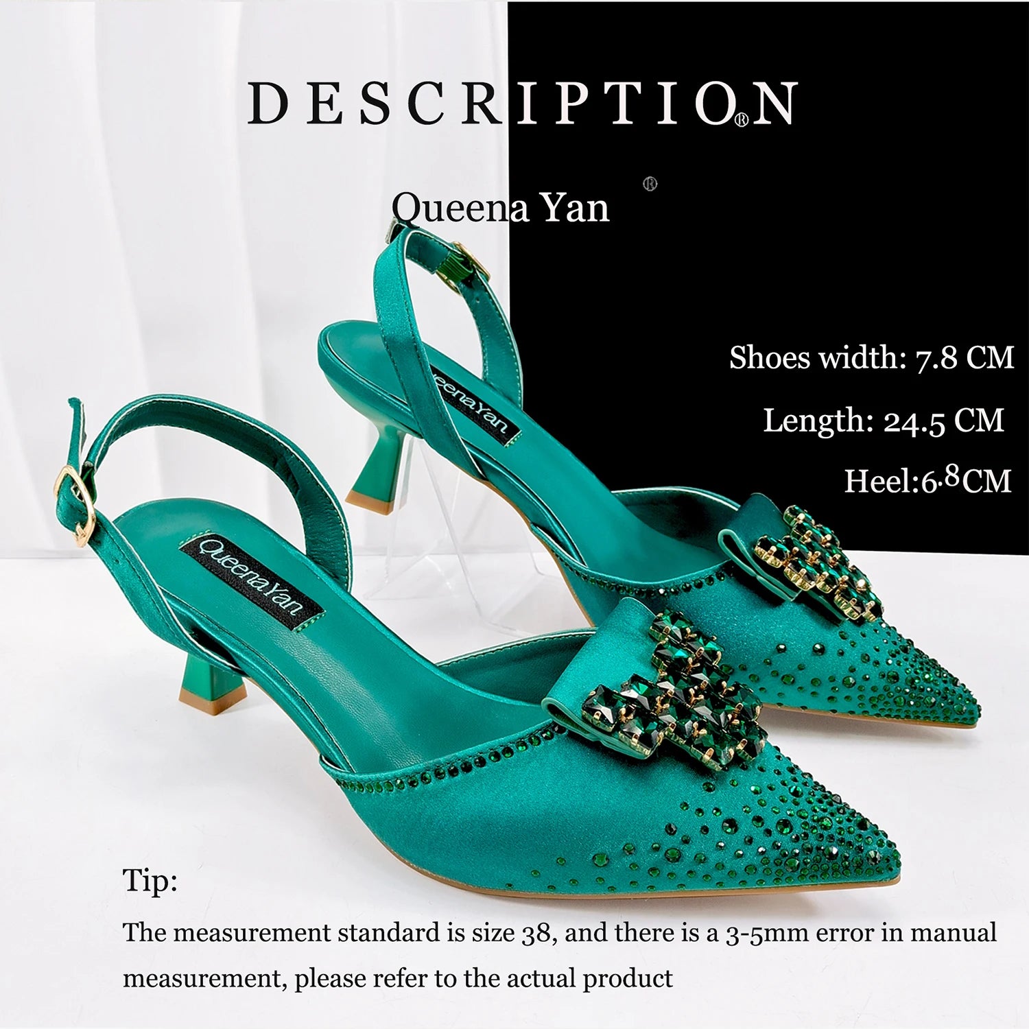 Queen Yan Green Color Rhinestone Comfortable high heel shoe And Bag Fashion Style Pointed-Toe Shoes For Women Or Commuting Shoes