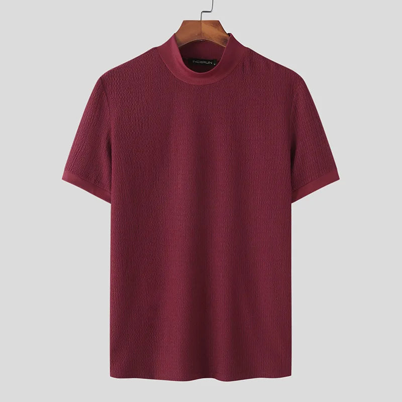 New Summer Fashion Tight T-shirt Casual Streetwear Textured High-neck Solid Color Short-sleeved Bottoming Tees Korean Style Tops