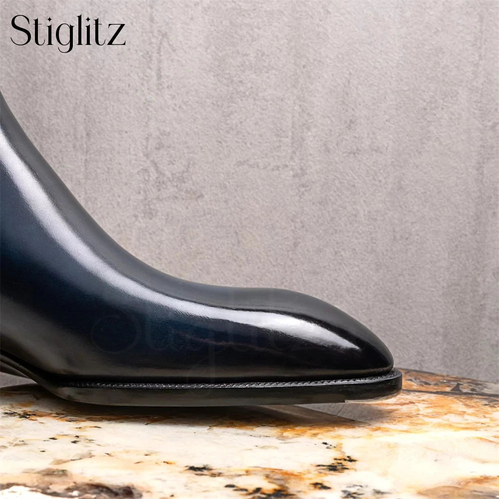 Almond Toe Chelsea Booties Formal Occasions Haute Couture Ankle Boots Genuine Leather Hand-Polished Stitched Slip-On Men's Boots