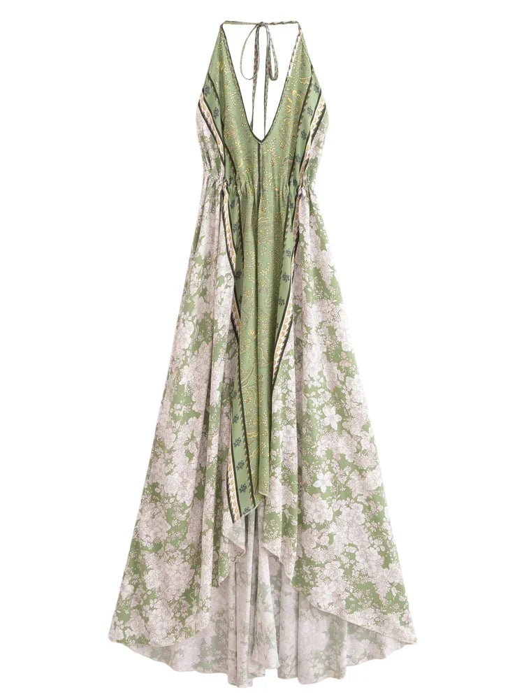 Vintage Women Floral Print Backless Sexy Beach Bohemian Maxi Dress Lady High-Low Tassel Strapless Vacation Summer Boho Dress