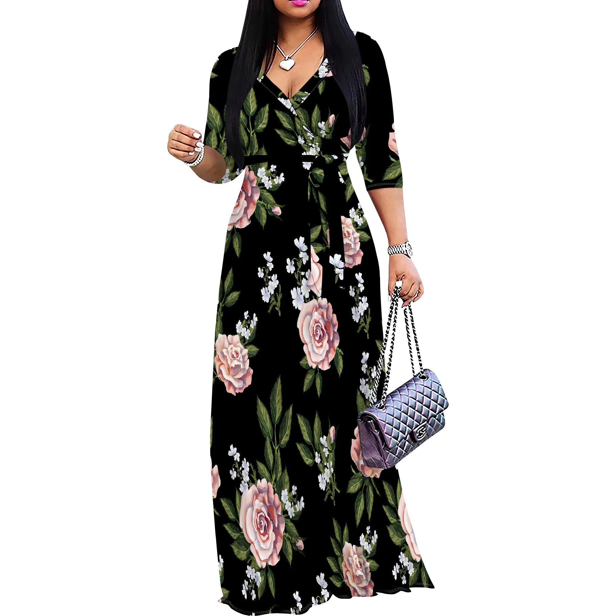 Women's 3/4 Sleeve V Neck Women With Pocket and Bel Long Dress Fashion Printed Split Hem Club Party Casual Vacation Maxi Dress