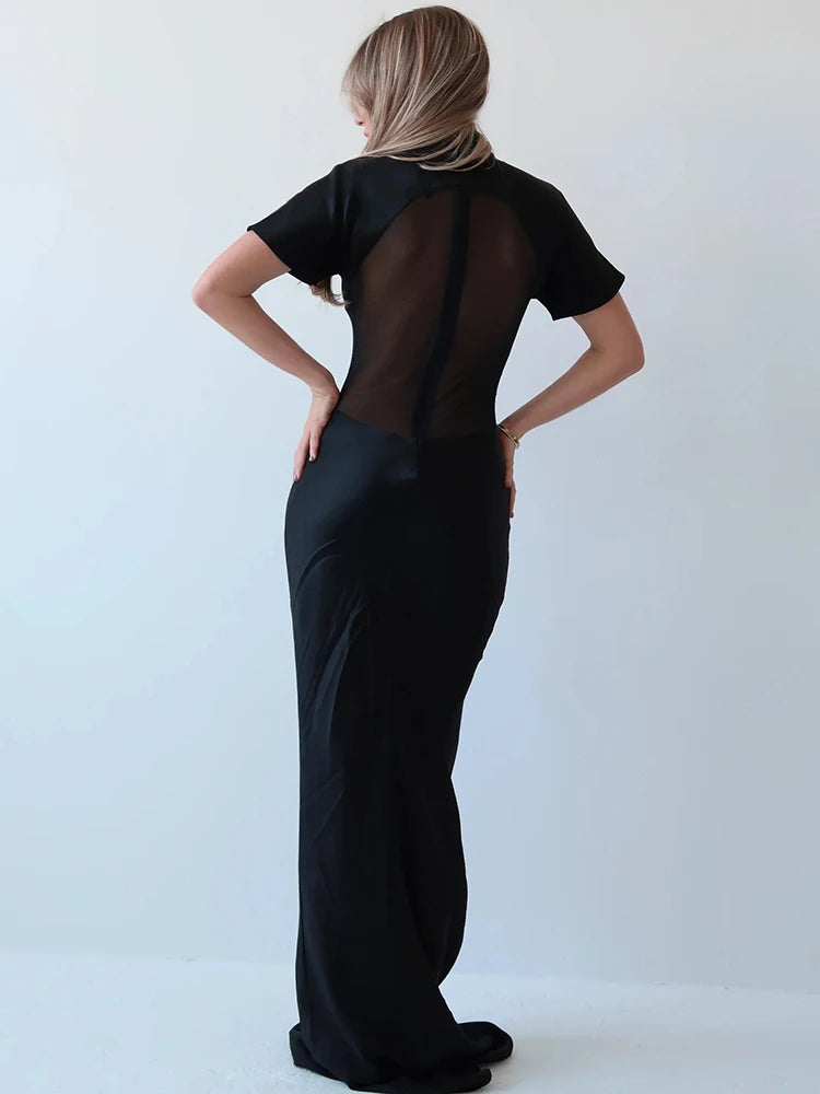 Mozision Turtleneck Short Sleeve Sexy Maxi Dress Women Gown Elegant Patchwork Mesh Sheer Backless Bodycon Club Party Long Dress