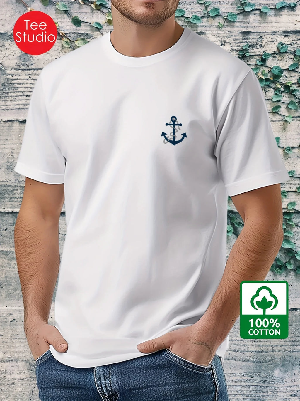 Men's 100% pure cotton fashionable casual loose boat anchor pattern printed round neck short sleeved T-shirt top