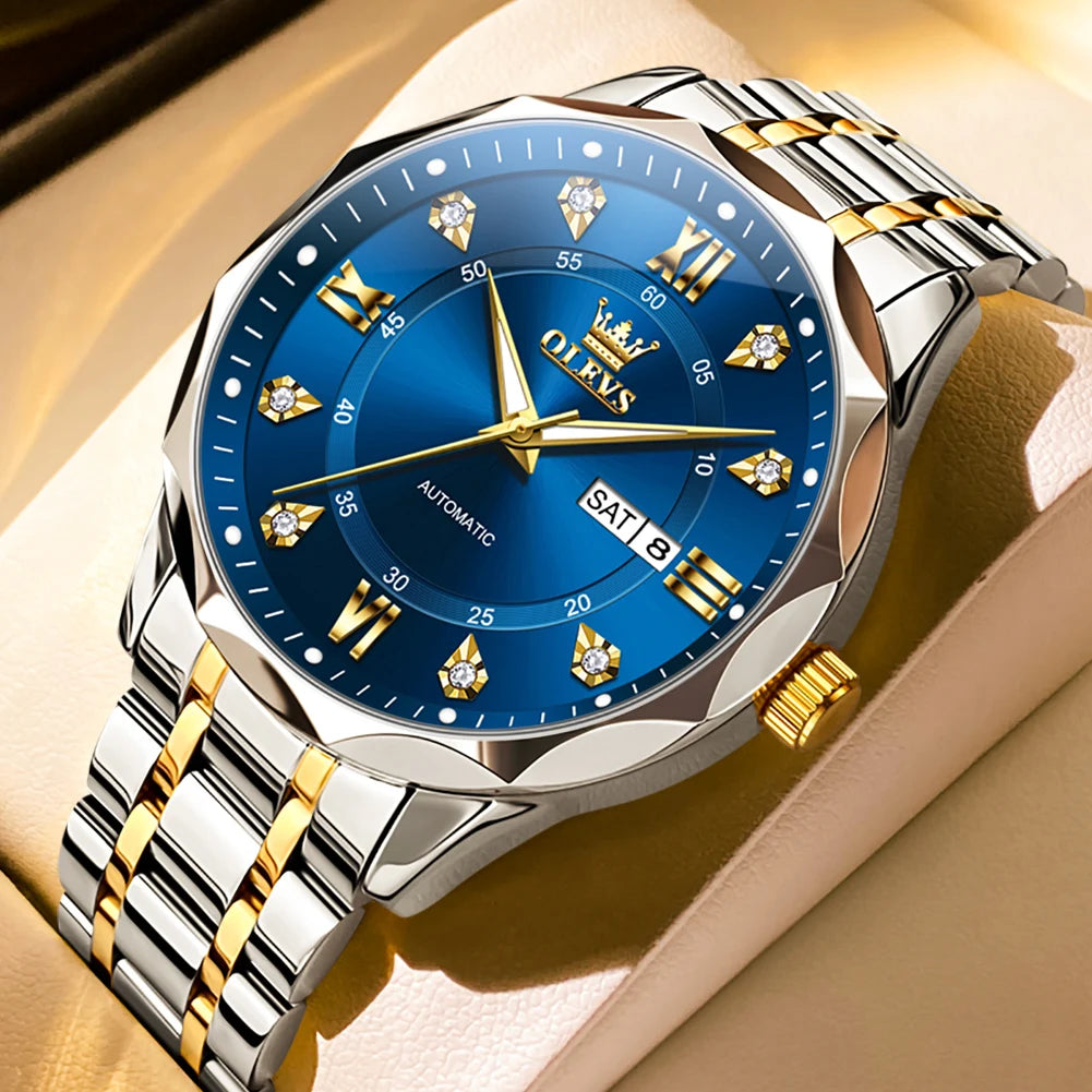 OLEVS 6727 Men's Watches Business Fashion Original Automatic Mechanical Watch for Man Grey Double Scale Waterproof Luminous Date