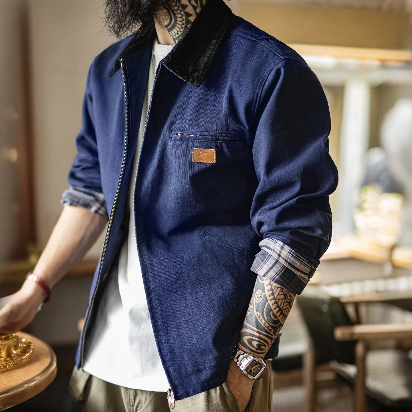 Maden Men's Retro J001 Detroit Jacket Heavyweight Canvas Hunting Coat Lapel Collar Work Jackets with Zipper for Spring Fall