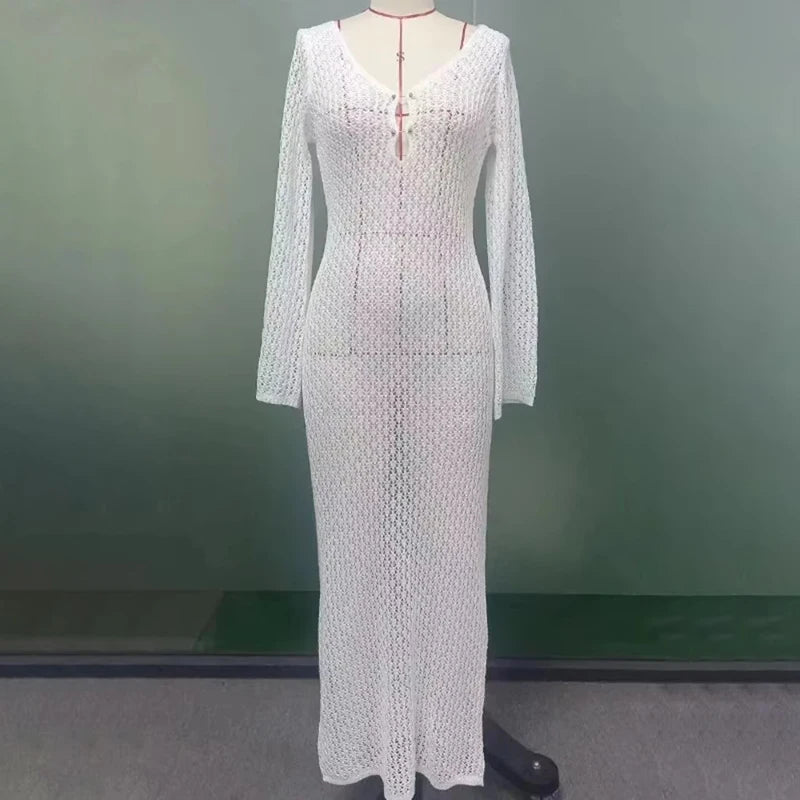Tornova 2025 New Crochet Beach Maxi Dress Women's Sexy Knitted Hollow Bikini Swimsuit Cover-Up Sun Protection Dress See Through