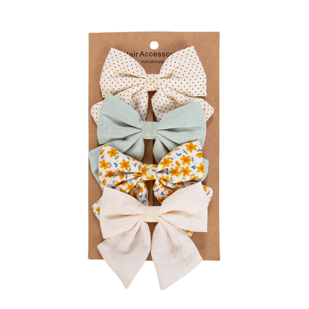 4Pcs/Set Baby Girls Hair Bows Clips Linen Cotton Ponytail Hairpins Plaid Flower Dot Printed Korean Ins Hairgrips Kids Headwear