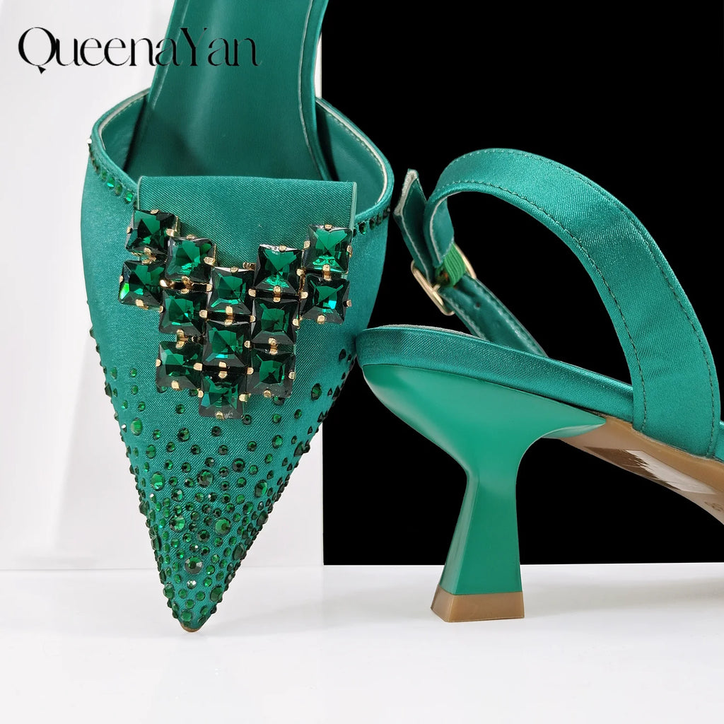 Queen Yan Green Color Rhinestone Comfortable high heel shoe And Bag Fashion Style Pointed-Toe Shoes For Women Or Commuting Shoes