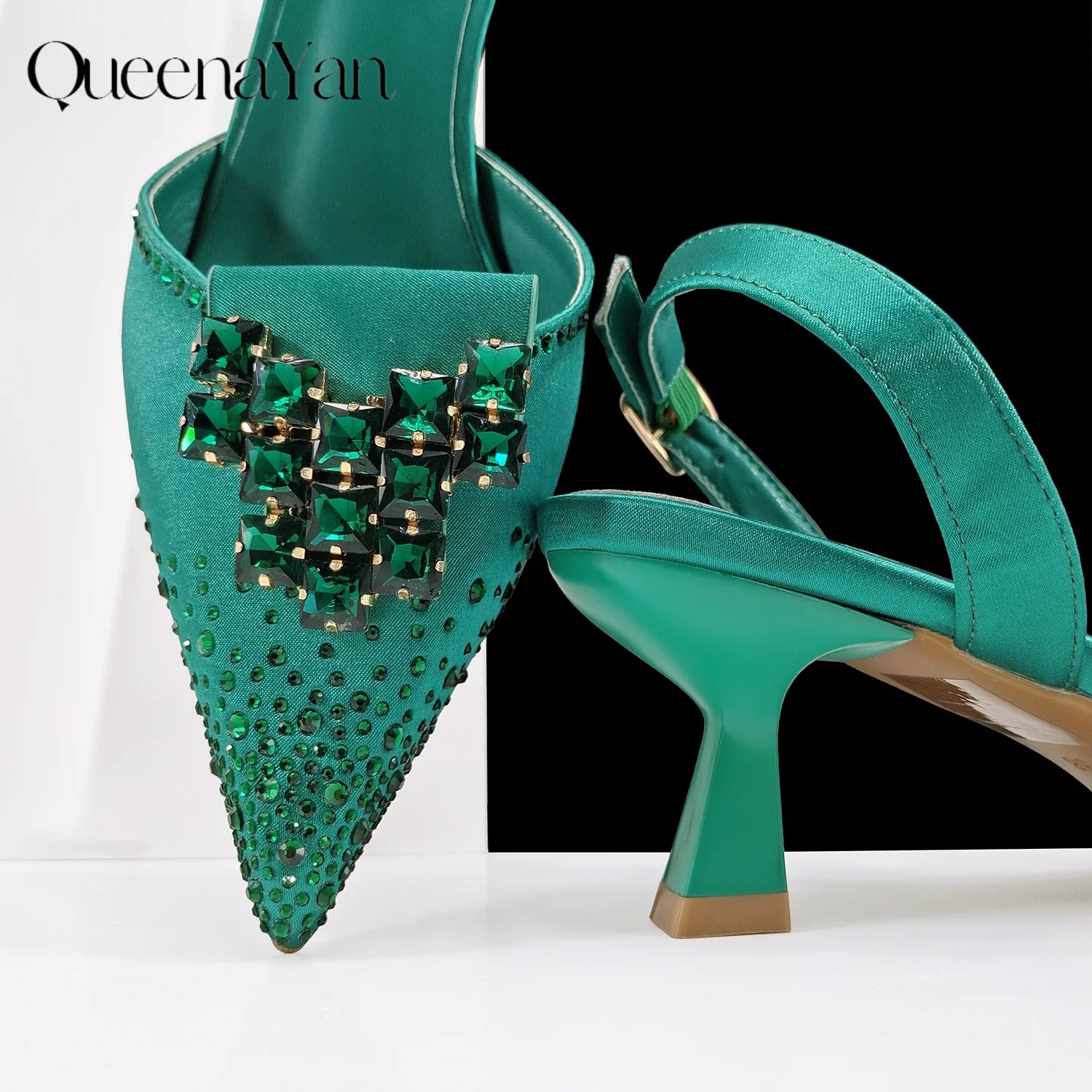 Queen Yan Green Color Rhinestone Comfortable high heel shoe And Bag Fashion Style Pointed-Toe Shoes For Women Or Commuting Shoes