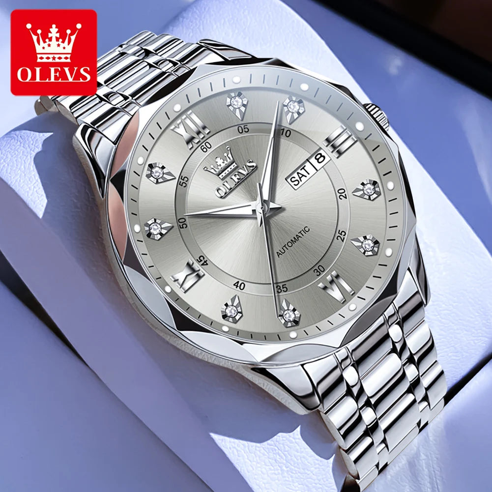 OLEVS 6727 Men's Watches Business Fashion Original Automatic Mechanical Watch for Man Grey Double Scale Waterproof Luminous Date