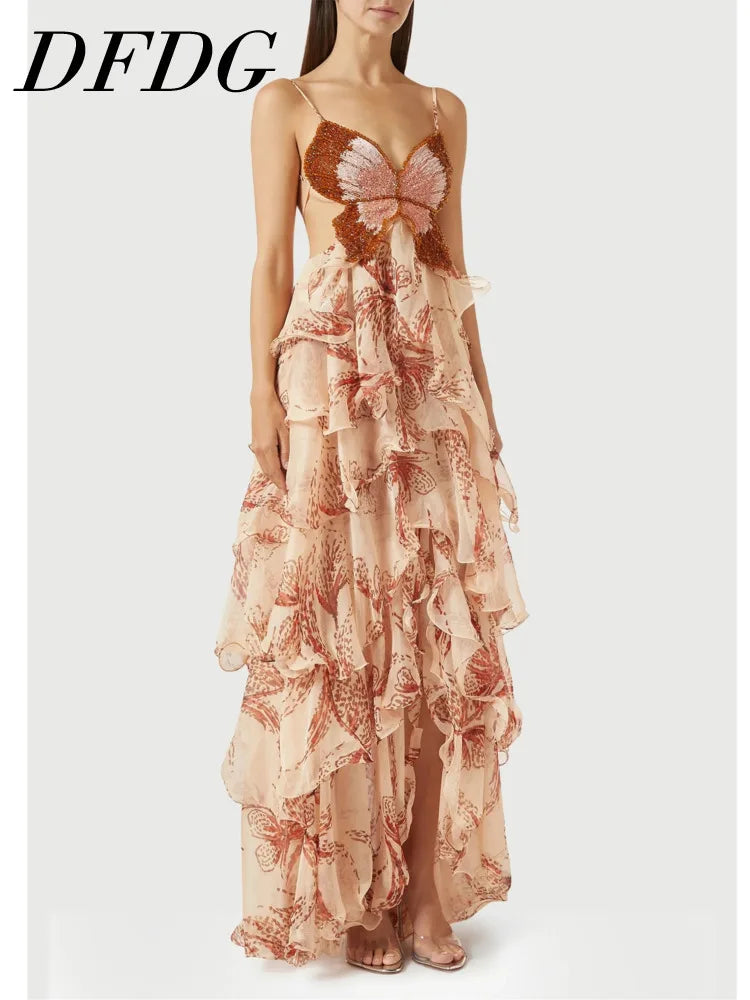 DFDG Women's 2025 Spring Summer Boho Maxi Dress Sling V-Neck Floral Print Layered Ruffle Butterfly Casual Vacation Flowy Dress