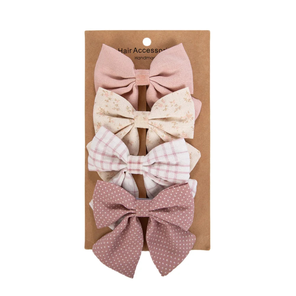 4Pcs/Set Baby Girls Hair Bows Clips Linen Cotton Ponytail Hairpins Plaid Flower Dot Printed Korean Ins Hairgrips Kids Headwear