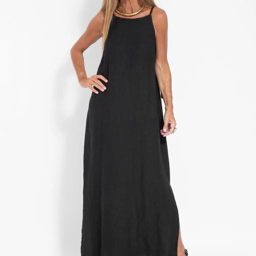 2025 Lady Strappy Maxi Dress A-line Vest Type Ankle Length Summer Beach Dress Loose Casual O Neck Side Split Summer Long Dress
