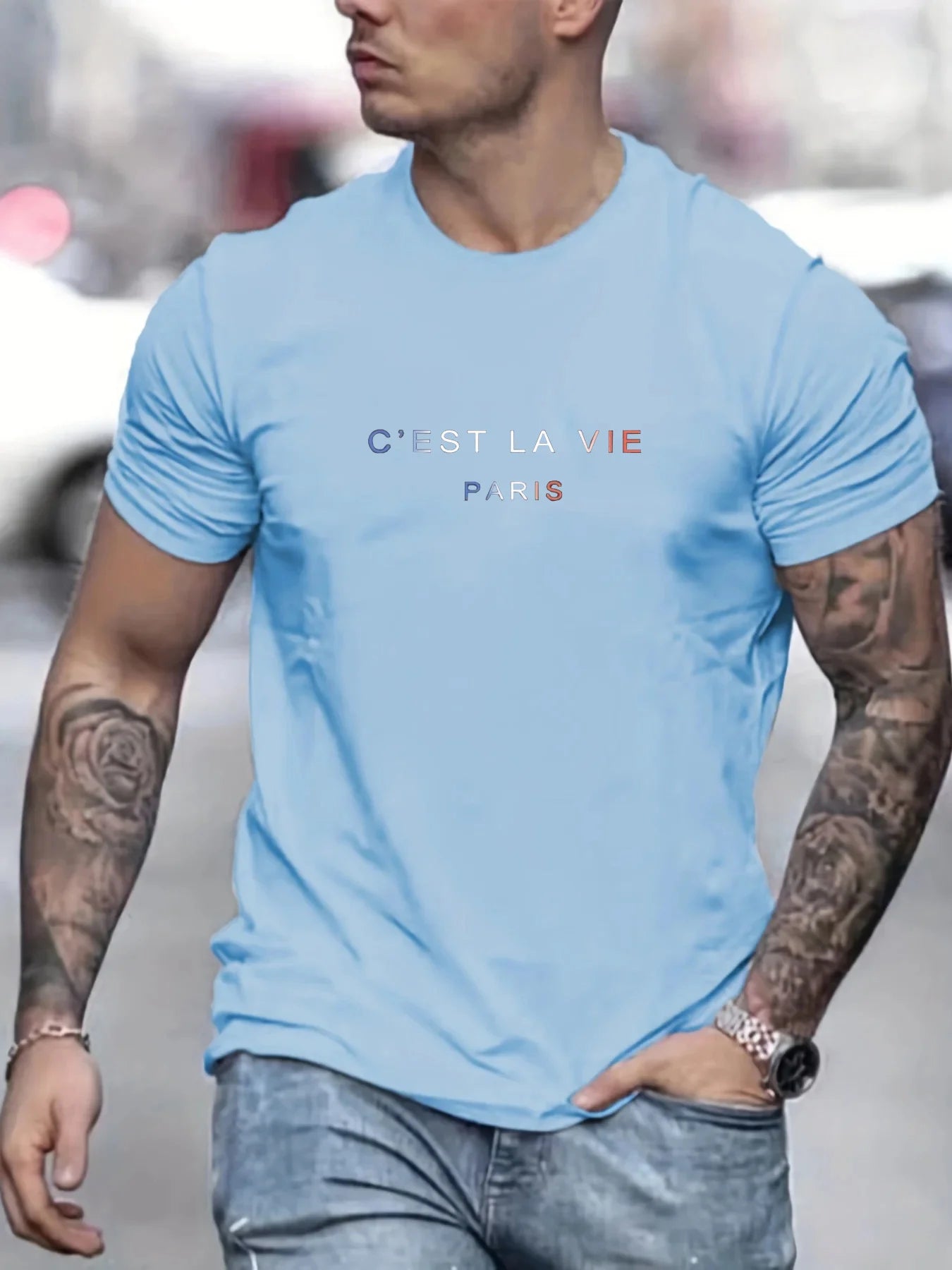 Men's summer 100% pure cotton fashionable casual loose Paris letter printed round neck short sleeved T-shirt top