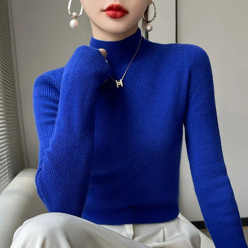 Autumn Winter Women Sweater Slim Fit Bottoming Shirt Basic Knitted Tops Black Long Sleeve Mock Neck Pullovers Strecth Innerwears
