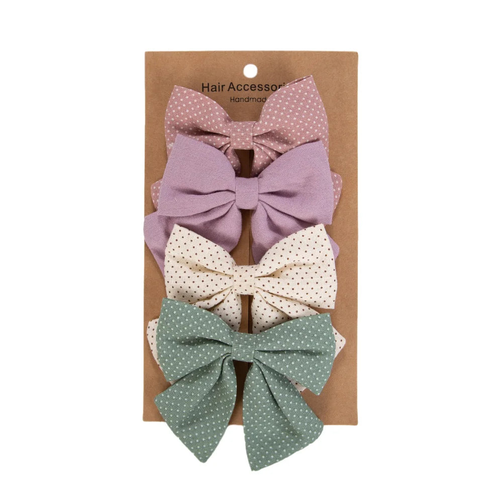 4Pcs/Set Baby Girls Hair Bows Clips Linen Cotton Ponytail Hairpins Plaid Flower Dot Printed Korean Ins Hairgrips Kids Headwear