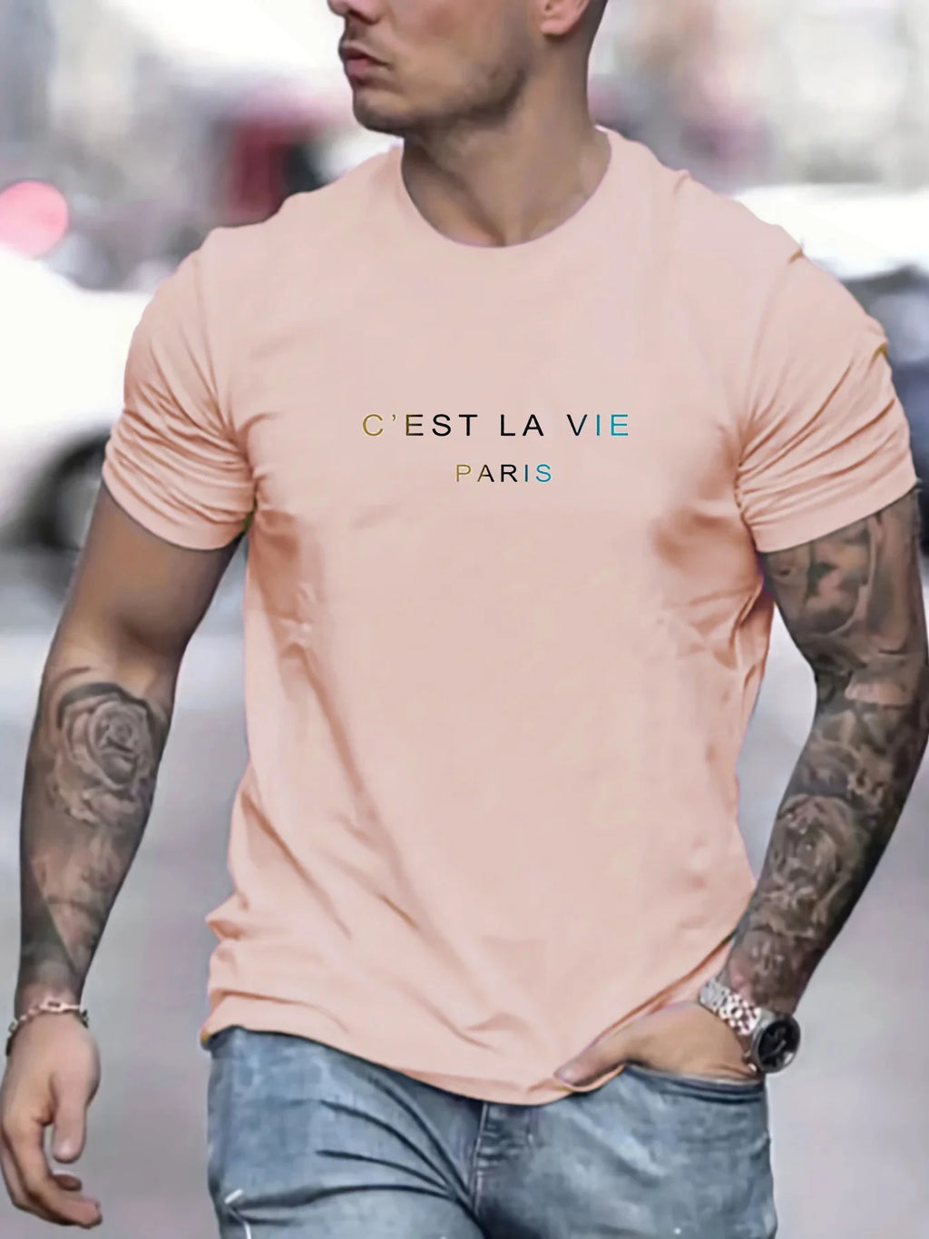 Men's summer 100% pure cotton fashionable casual loose Paris letter printed round neck short sleeved T-shirt top