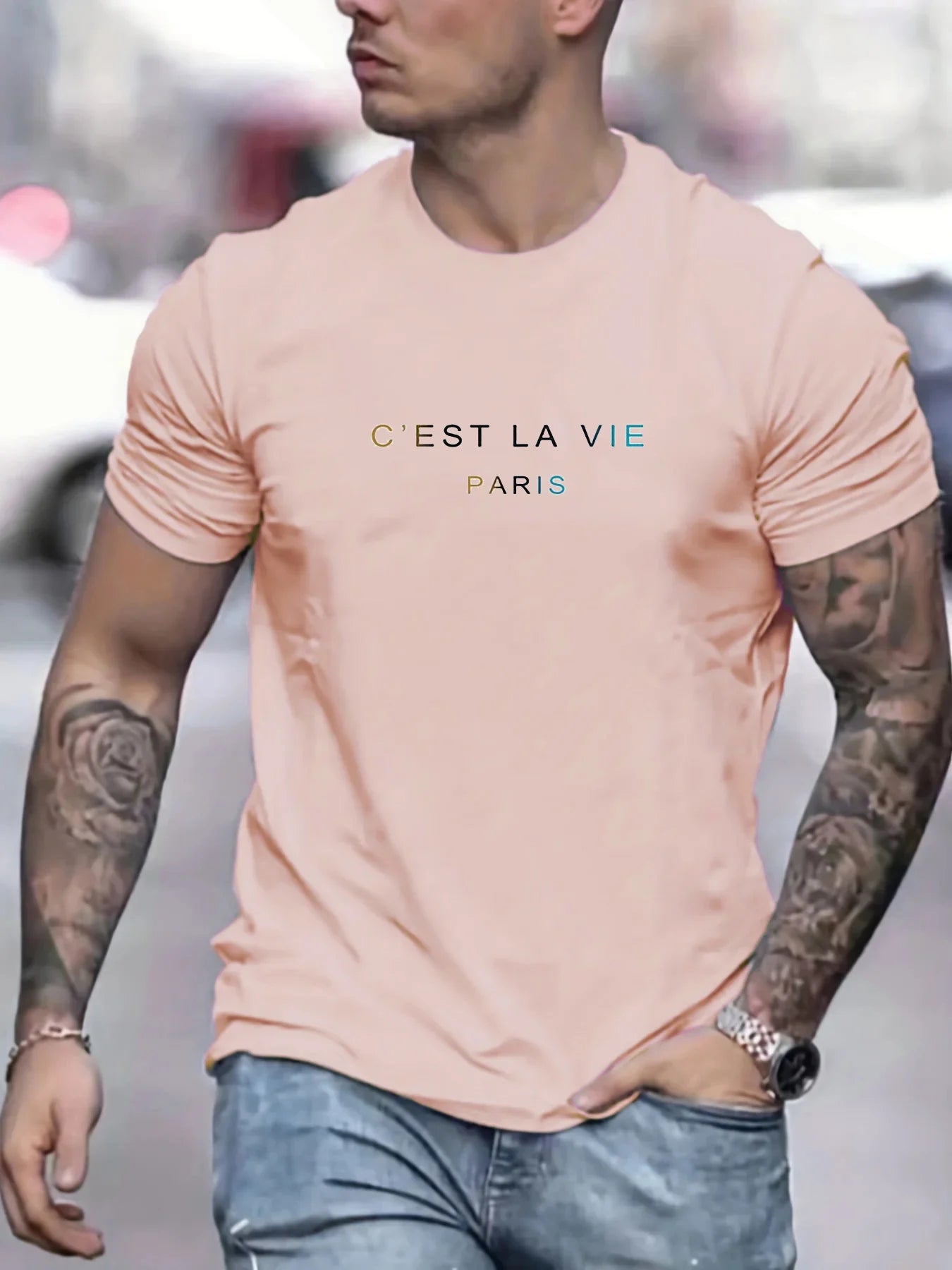 Men's summer 100% pure cotton fashionable casual loose Paris letter printed round neck short sleeved T-shirt top