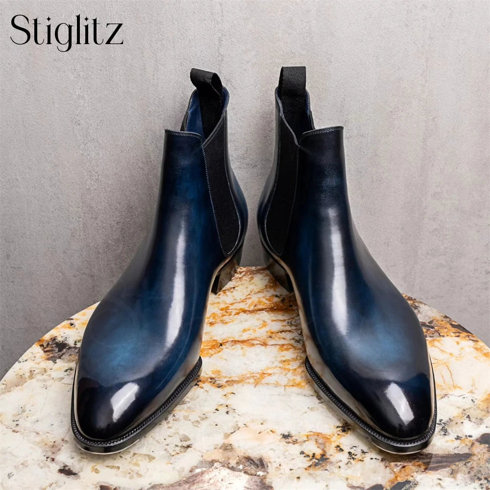 Almond Toe Chelsea Booties Formal Occasions Haute Couture Ankle Boots Genuine Leather Hand-Polished Stitched Slip-On Men's Boots
