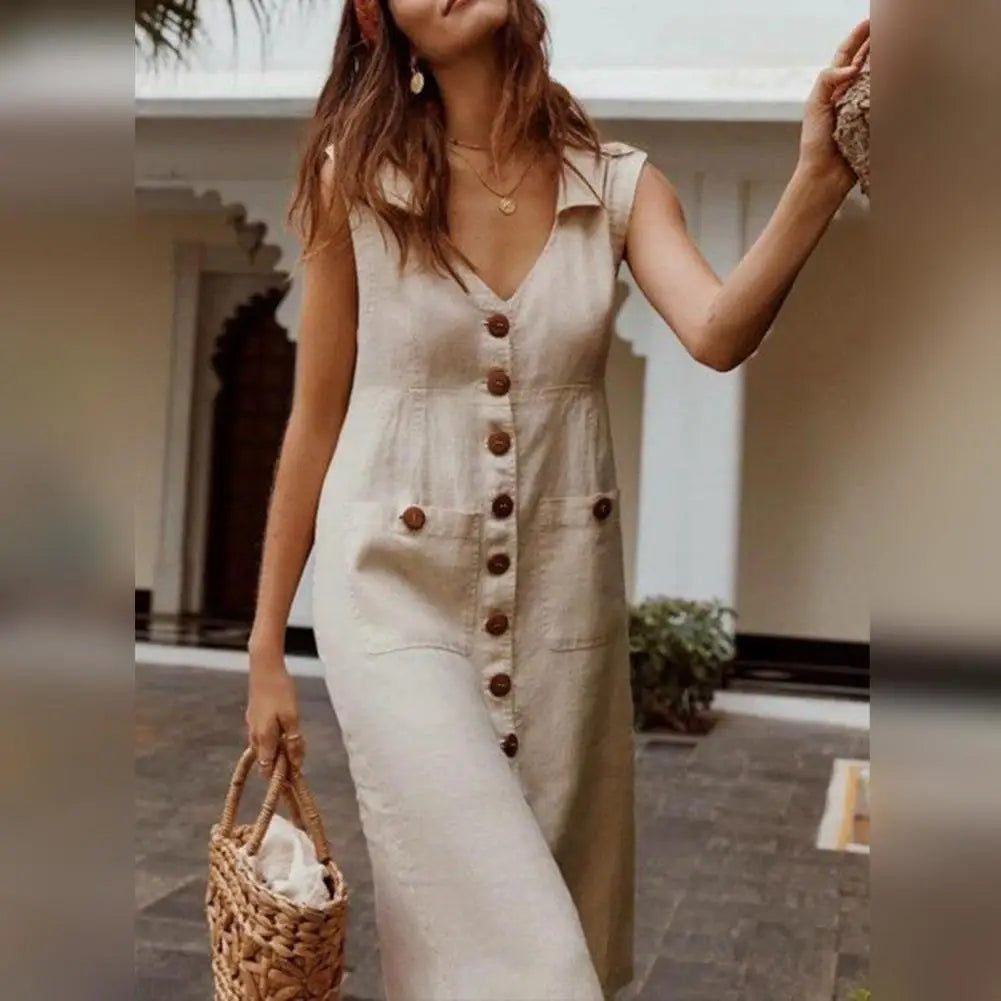 M XL Cotton Linen Tank Dress For Women 2024 Summer Casual Loose Beach Sundress Midi Skirt Female Holiday Maxi Dress Vestido Robe