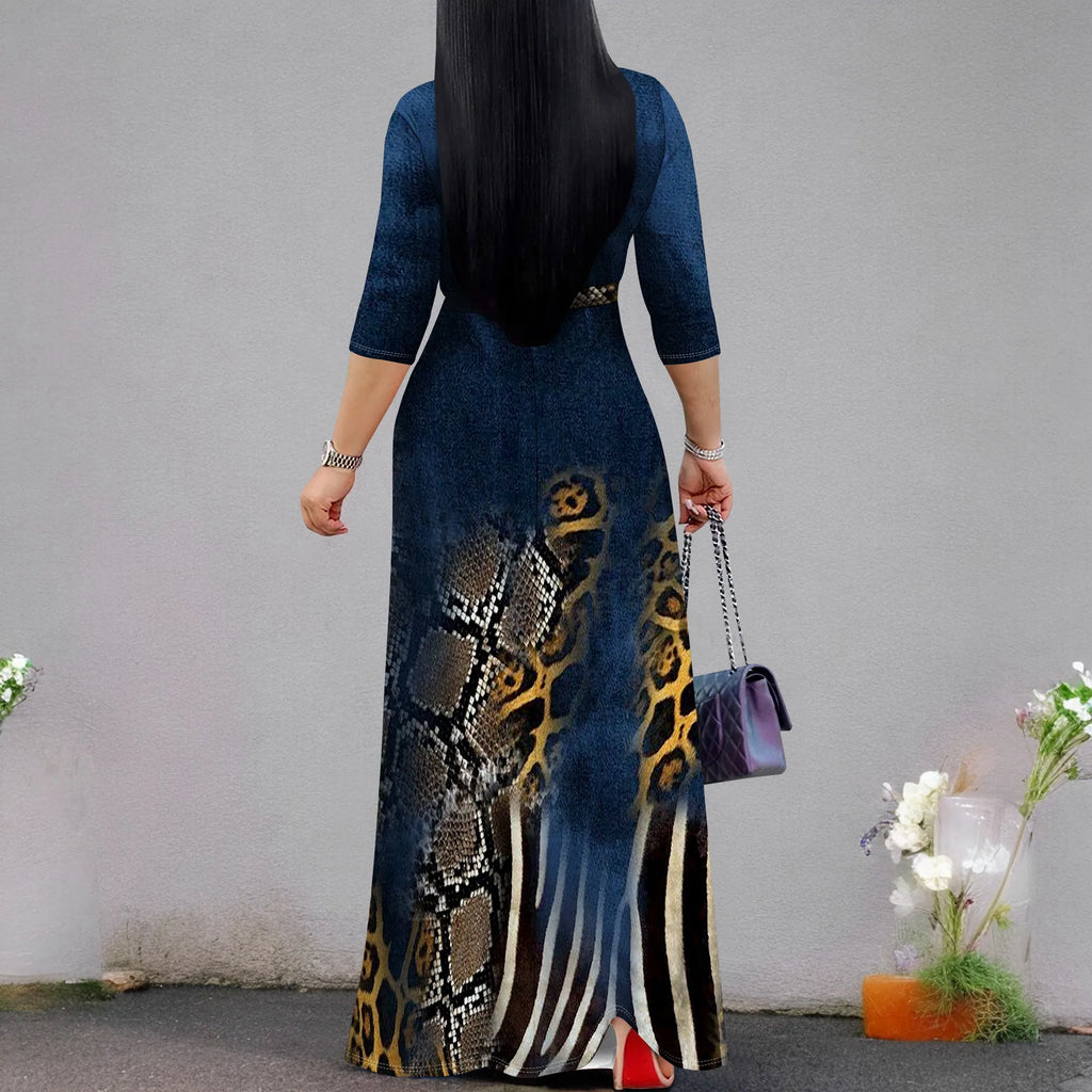 Women's 3/4 Sleeve V Neck Women With Pocket and Bel Long Dress Fashion Printed Split Hem Club Party Casual Vacation Maxi Dress