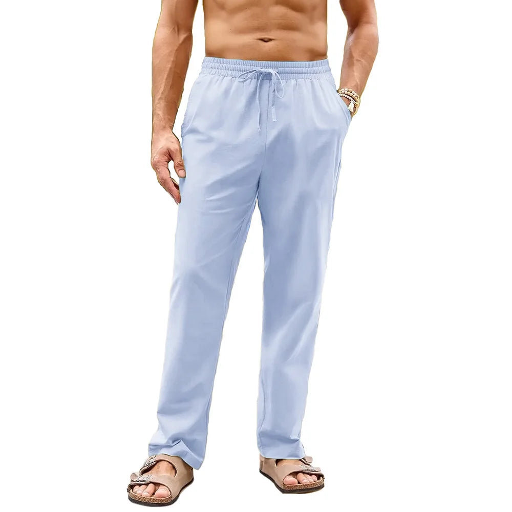 Men's Cotton Linen Long Pants Elastic Waist Drawstring Casual Trouser Straight Legs Beach Style Lightweight Breathable Pants