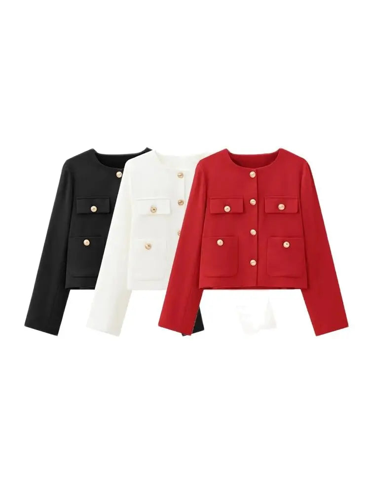 Cropped Jacket with Golden Buttons for Women, O Neck, Long Sleeve, Female Outerwear, Chic Tops, Fashion