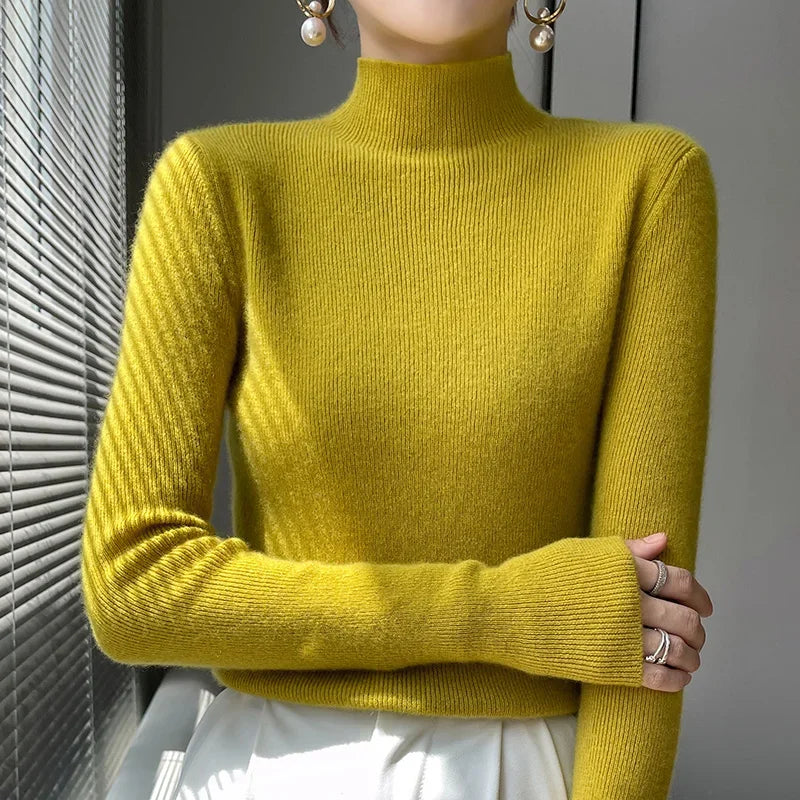 Autumn Winter Women Sweater Slim Fit Bottoming Shirt Basic Knitted Tops Black Long Sleeve Mock Neck Pullovers Strecth Innerwears