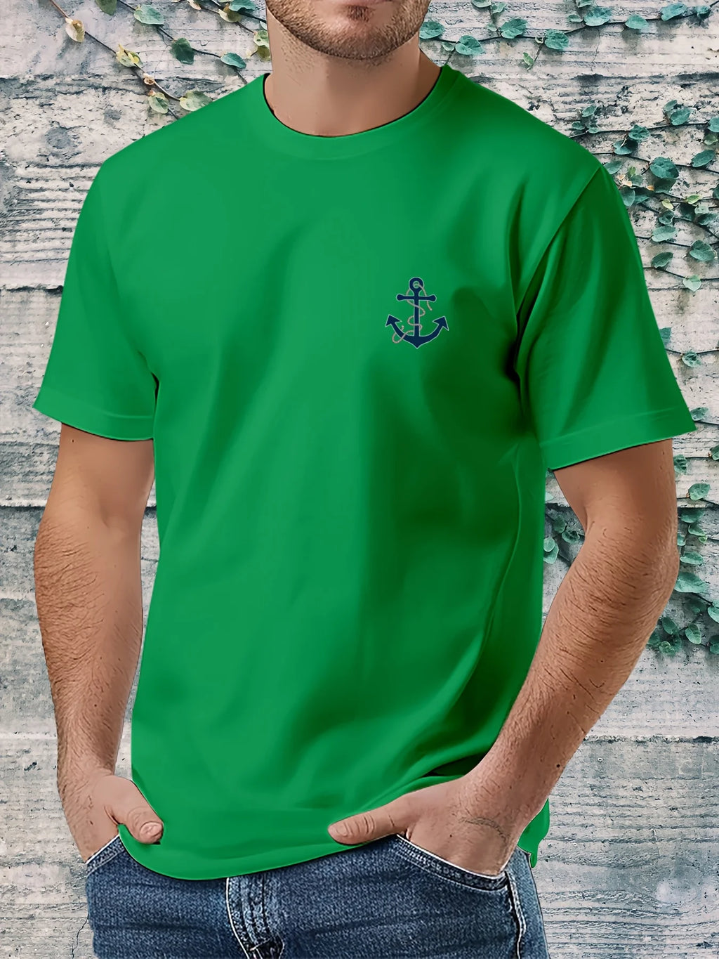 Men's 100% pure cotton fashionable casual loose boat anchor pattern printed round neck short sleeved T-shirt top