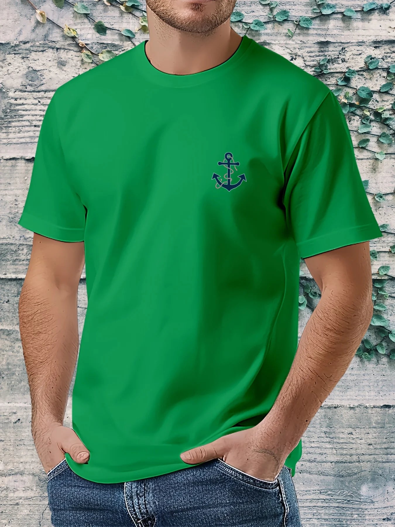 Men's 100% pure cotton fashionable casual loose boat anchor pattern printed round neck short sleeved T-shirt top
