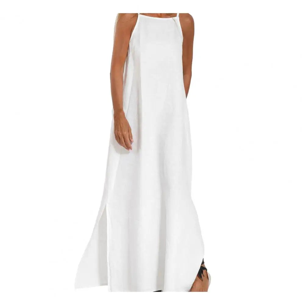 2025 Lady Strappy Maxi Dress A-line Vest Type Ankle Length Summer Beach Dress Loose Casual O Neck Side Split Summer Long Dress