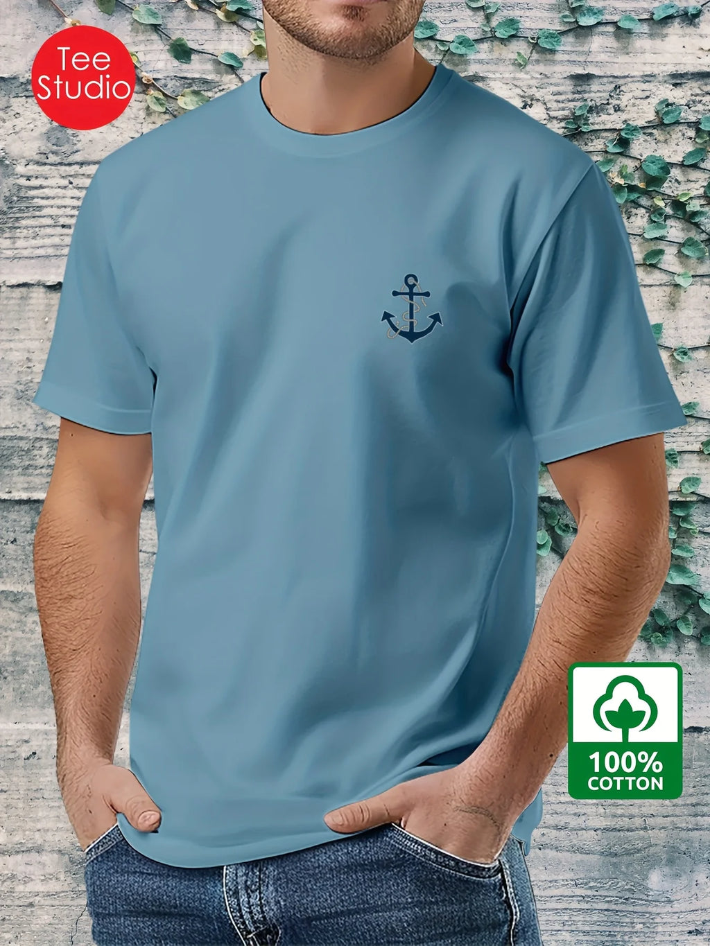 Men's 100% pure cotton fashionable casual loose boat anchor pattern printed round neck short sleeved T-shirt top