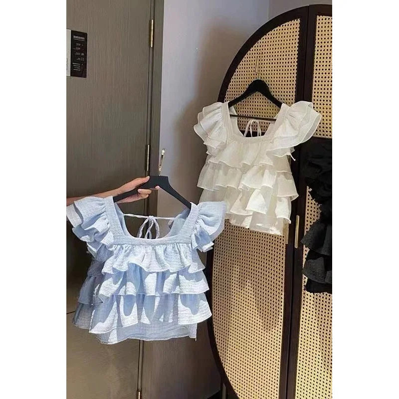 Korean version of girls' wooden ear edge flying sleeve square collar shirt children summer children foreign style sleeveless top