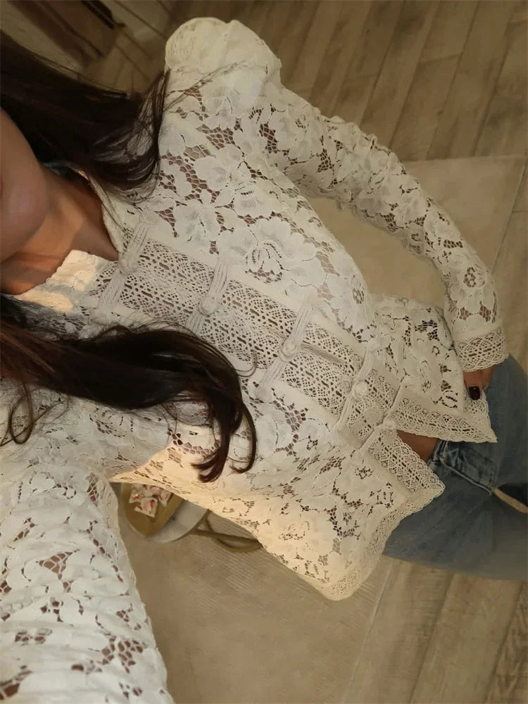 White Lace Printed Shirts Tops Women Full Sleeve Hollow Out Single Breasted Patchwork Blouse 2026 Lady Fashion Shrug Shirts New