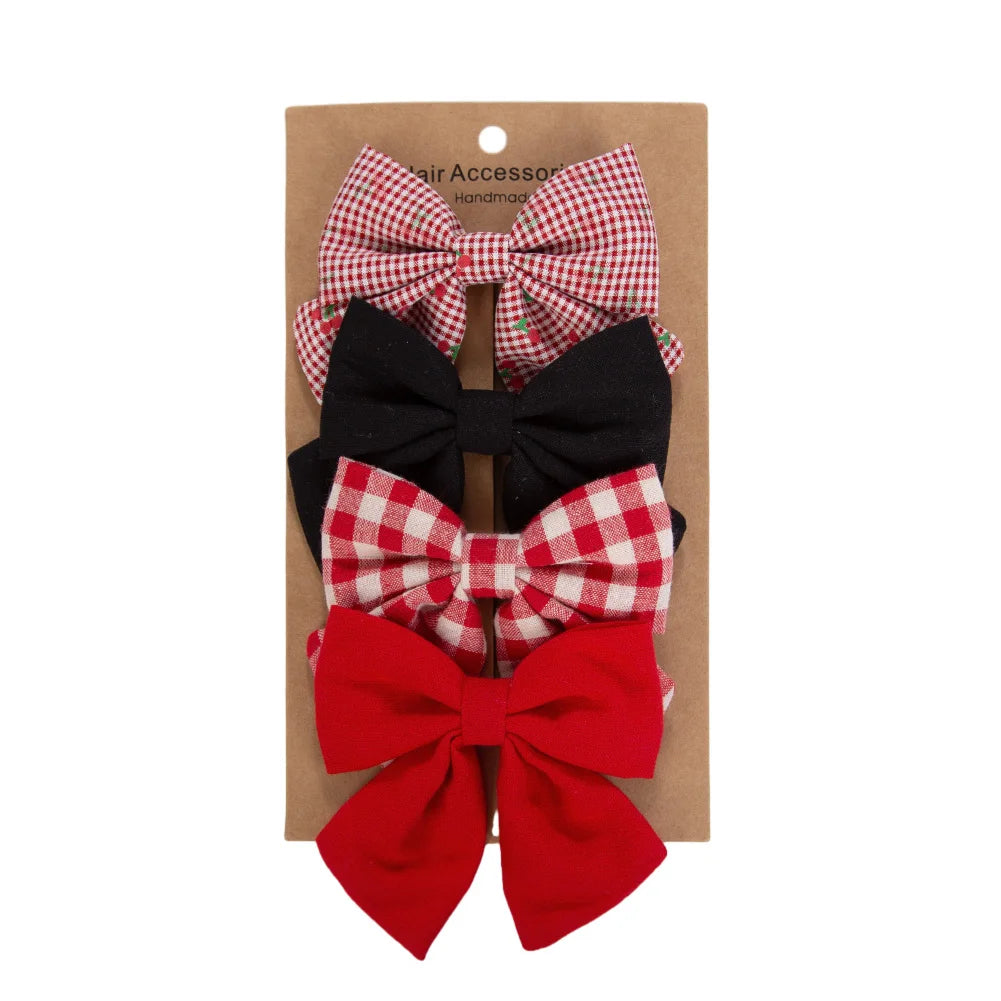 4Pcs/Set Baby Girls Hair Bows Clips Linen Cotton Ponytail Hairpins Plaid Flower Dot Printed Korean Ins Hairgrips Kids Headwear