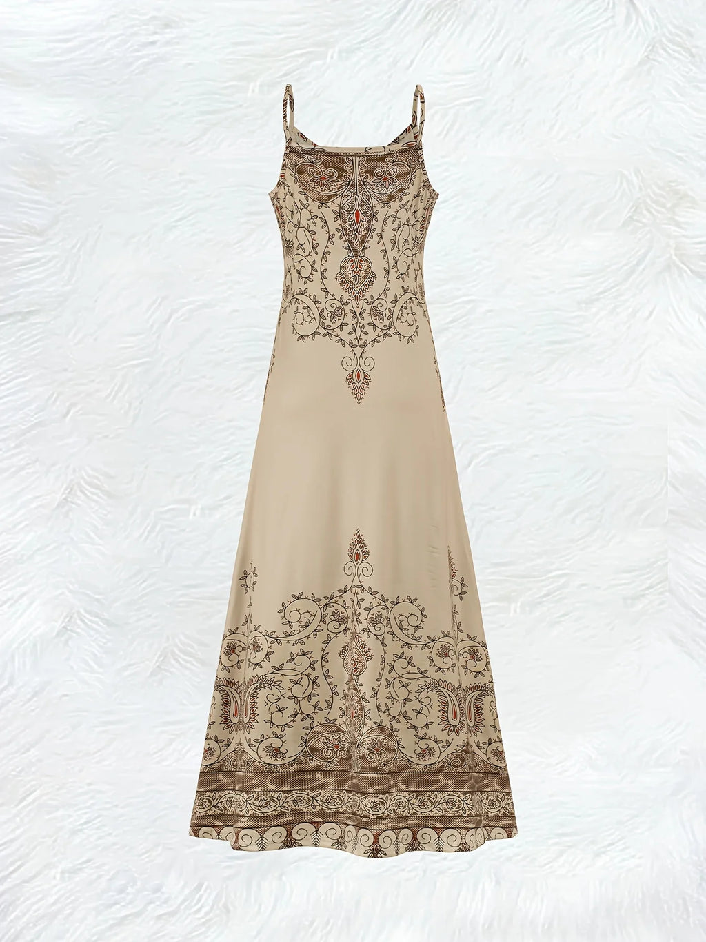Printed Design Beige & Rust Ornate Halter Maxi Dress