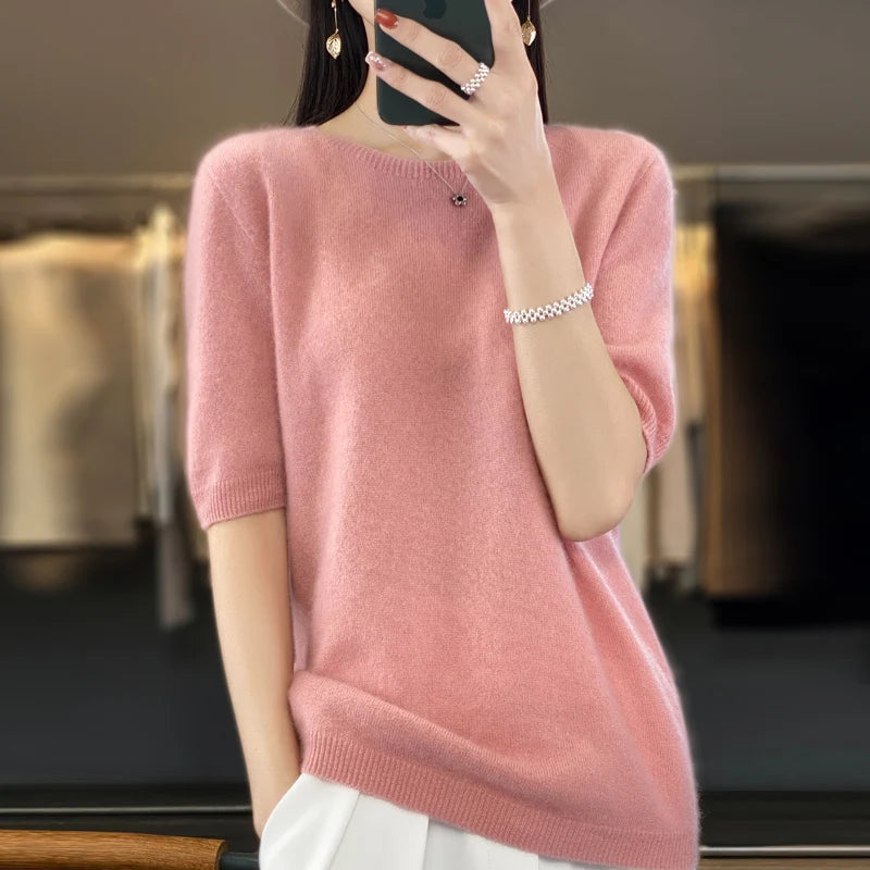 100% Merino wool women's O neck knitted T-shirt Korean pullover short sleeve sweater women's basic solid color half sleeve women
