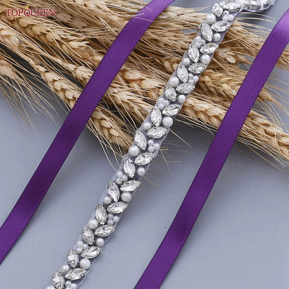 TOPQUEEN Wedding Belts and Sashes Handmade Beaded Belts for Dresses Pearl and Rhinestone Trim SIlver Gold Wedding Belt S383