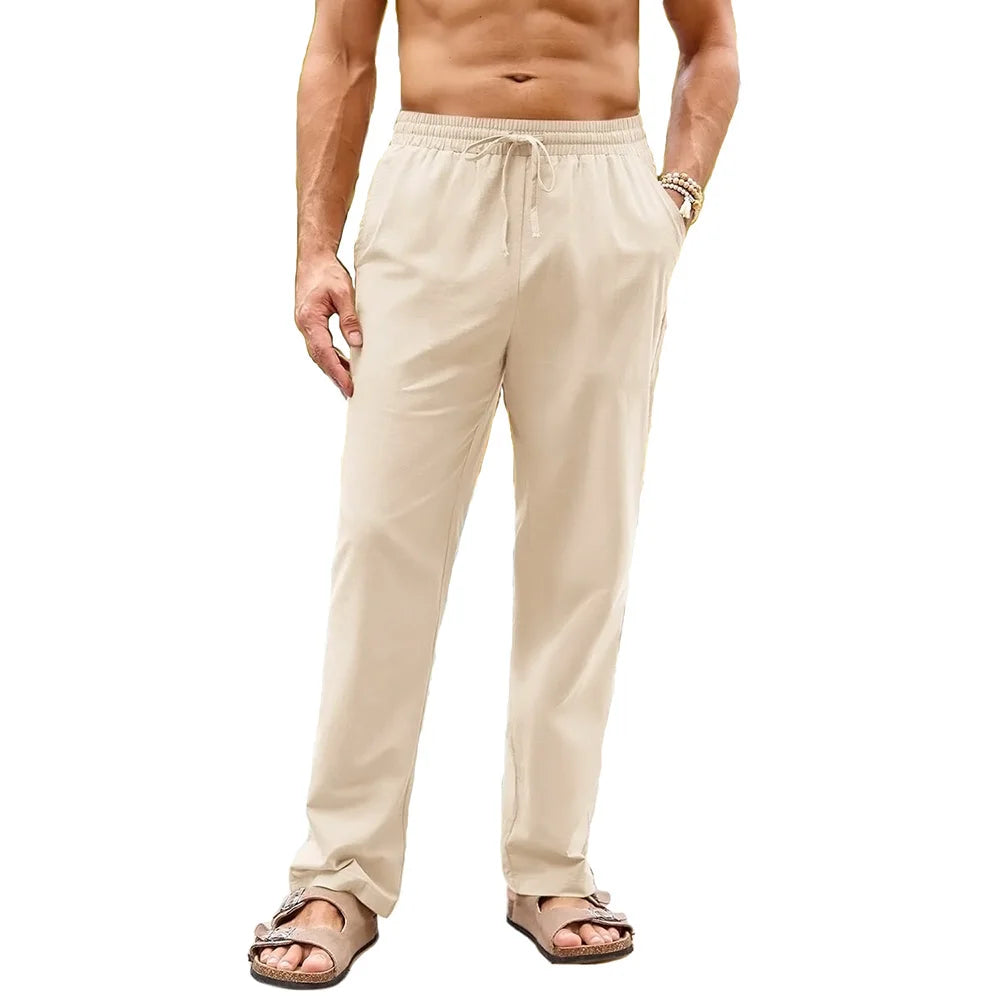 Men's Cotton Linen Long Pants Elastic Waist Drawstring Casual Trouser Straight Legs Beach Style Lightweight Breathable Pants