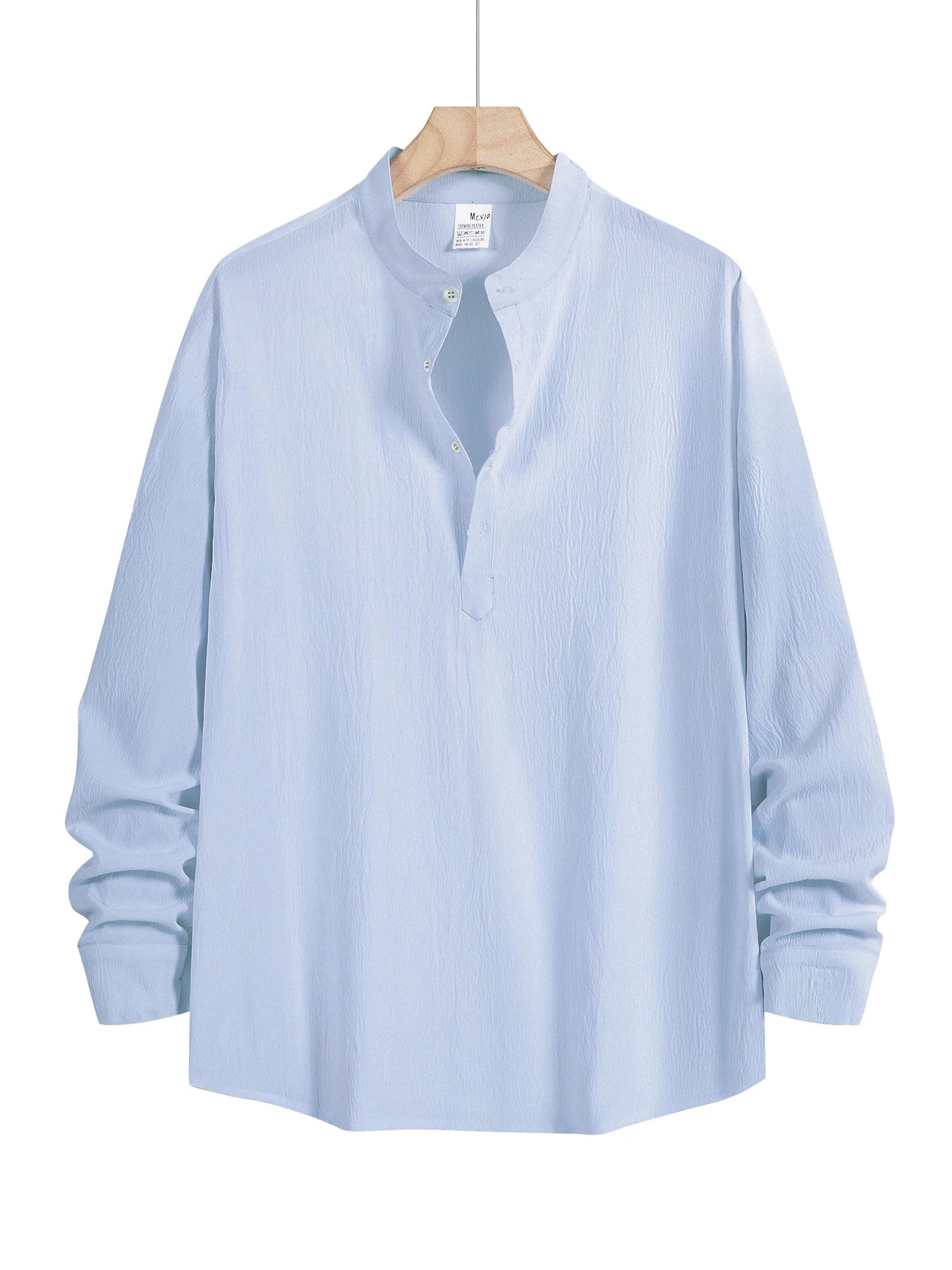 Men's Long-Sleeved Shirt Summer Beach Style Shirts Solid Color Casual Versatile Stand-Up Collar Shirt Male Top