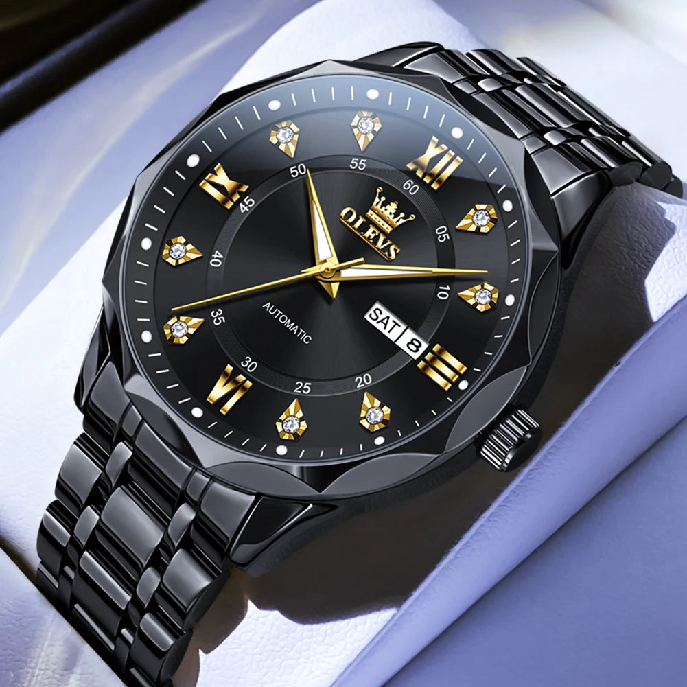 OLEVS 6727 Men's Watches Business Fashion Original Automatic Mechanical Watch for Man Grey Double Scale Waterproof Luminous Date