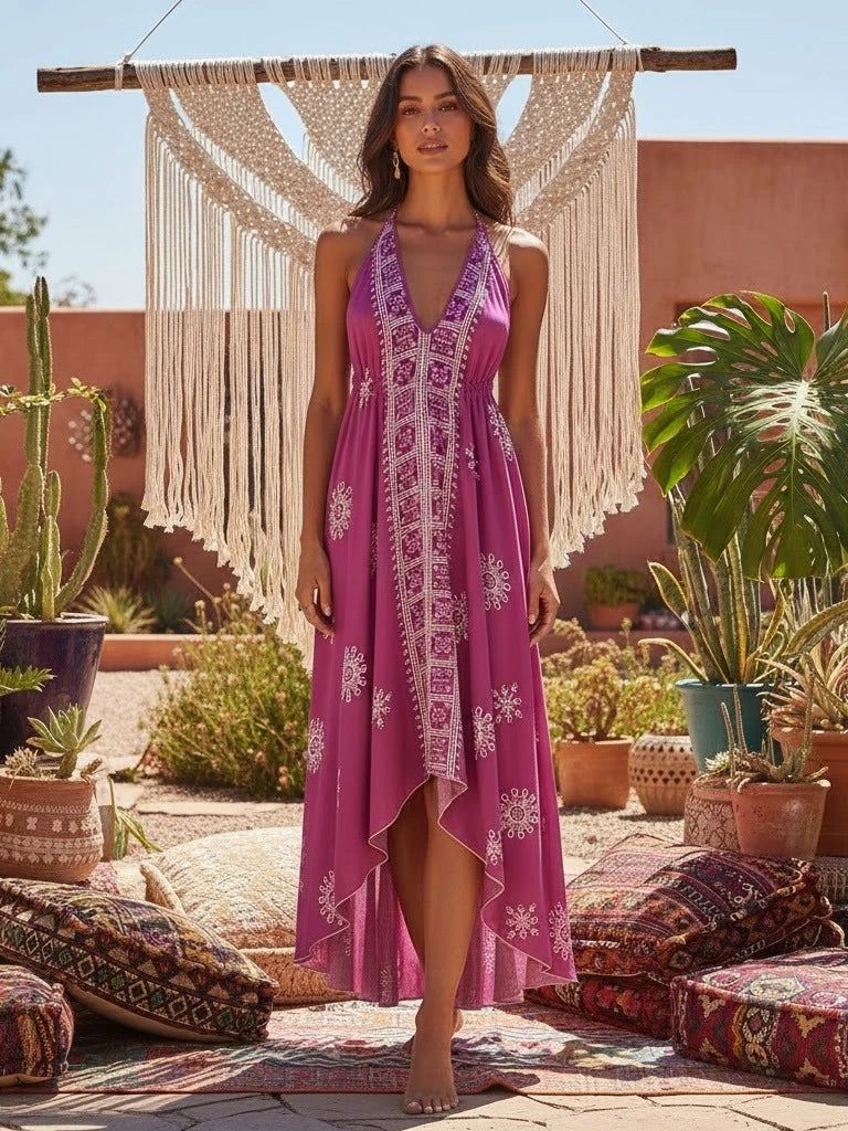 Vintage Women Floral Print Backless Sexy Beach Bohemian Maxi Dress Lady High-Low Tassel Strapless Vacation Summer Boho Dress