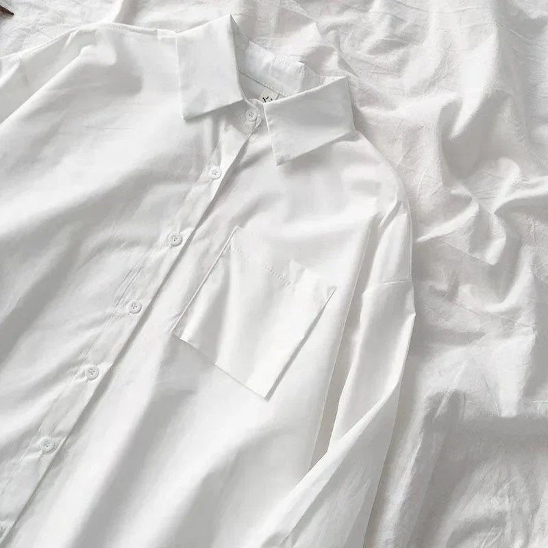 Japanese Style Loose Long Sleeve White Shirts Women Preppy Style Pocket Turn Down Collar Shirt Woman Harajuku Oversized Blouse