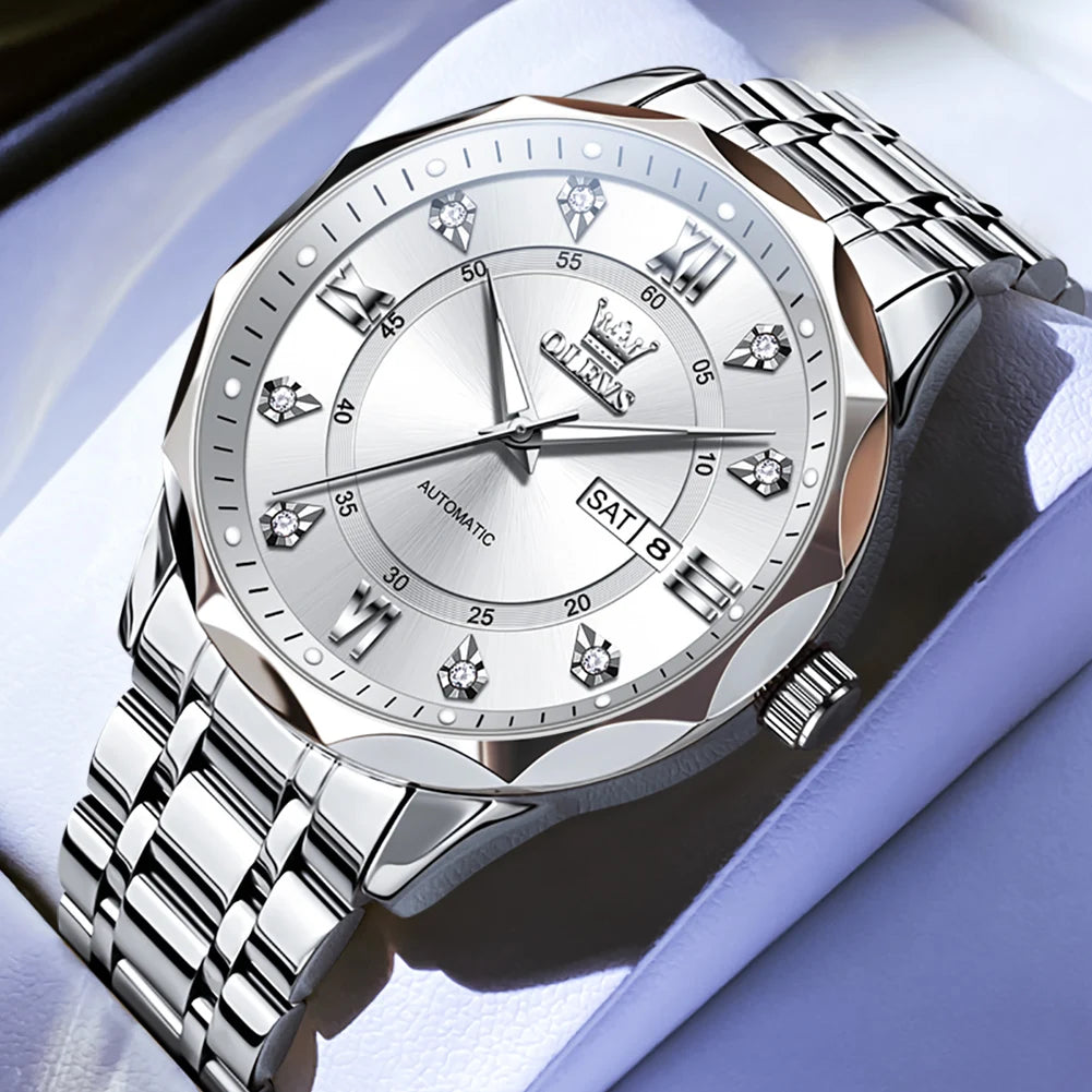 OLEVS 6727 Men's Watches Business Fashion Original Automatic Mechanical Watch for Man Grey Double Scale Waterproof Luminous Date