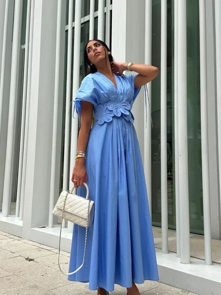 Casual Blue Flower Belt Women Maxi Dress Chic V-neck Lace Up Short Sleeve High Waist Dresses Summer Lady Pleated Street Robes