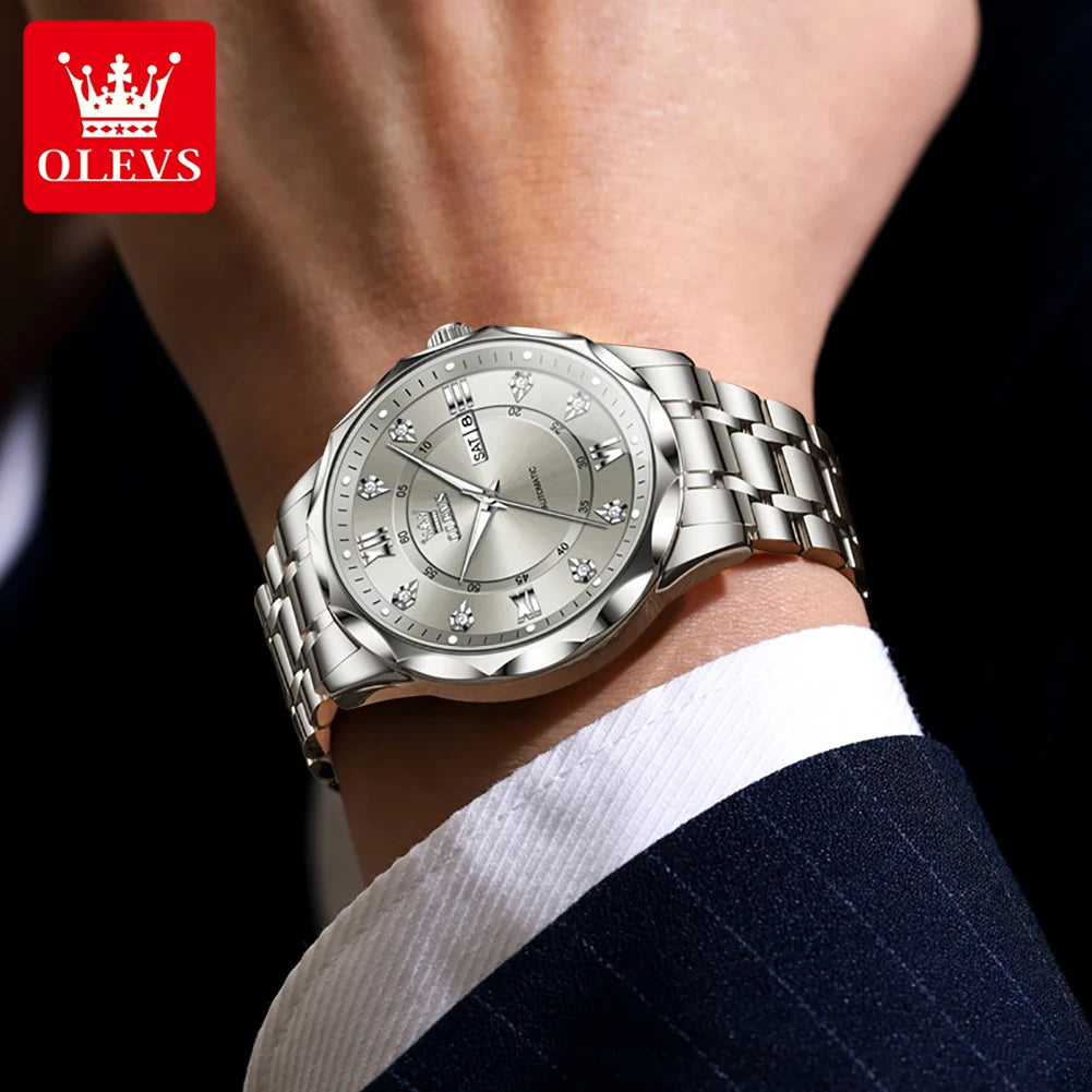 OLEVS 6727 Men's Watches Business Fashion Original Automatic Mechanical Watch for Man Grey Double Scale Waterproof Luminous Date