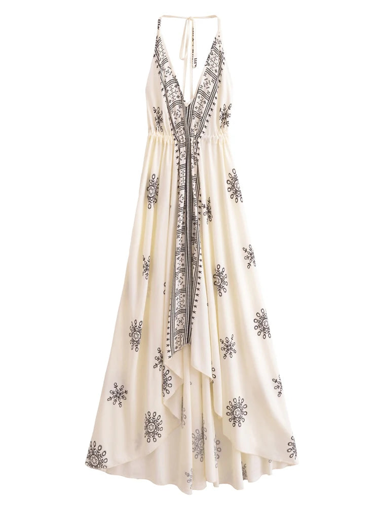 Vintage Women Floral Print Backless Sexy Beach Bohemian Maxi Dress Lady High-Low Tassel Strapless Vacation Summer Boho Dress