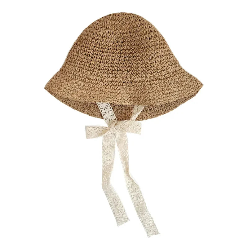 Fashion Baby Petal Brim Straw Woven Hat Sun Protection Lace Cap Kids Girls Princess Collapsible Beach Cute Infant Bucket Hats