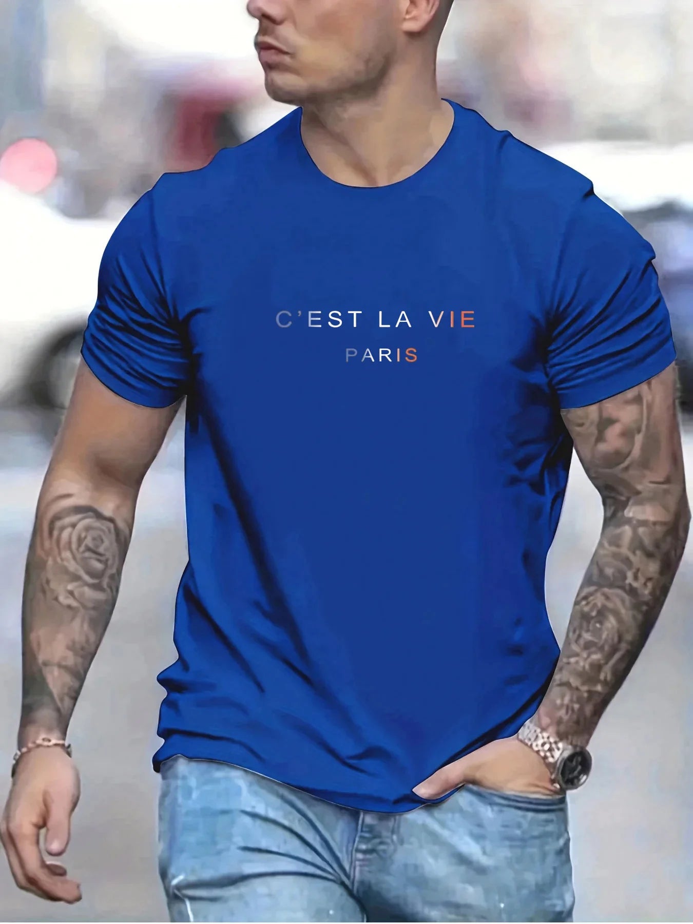 Men's summer 100% pure cotton fashionable casual loose Paris letter printed round neck short sleeved T-shirt top