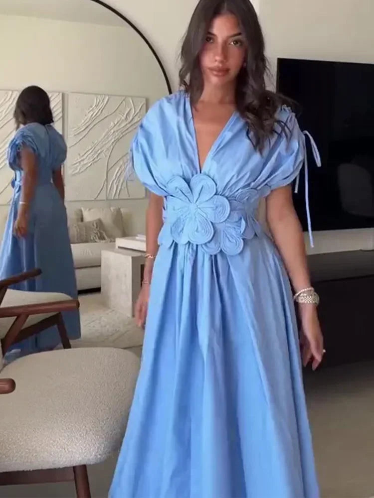 Casual Blue Flower Belt Women Maxi Dress Chic V-neck Lace Up Short Sleeve High Waist Dresses Summer Lady Pleated Street Robes